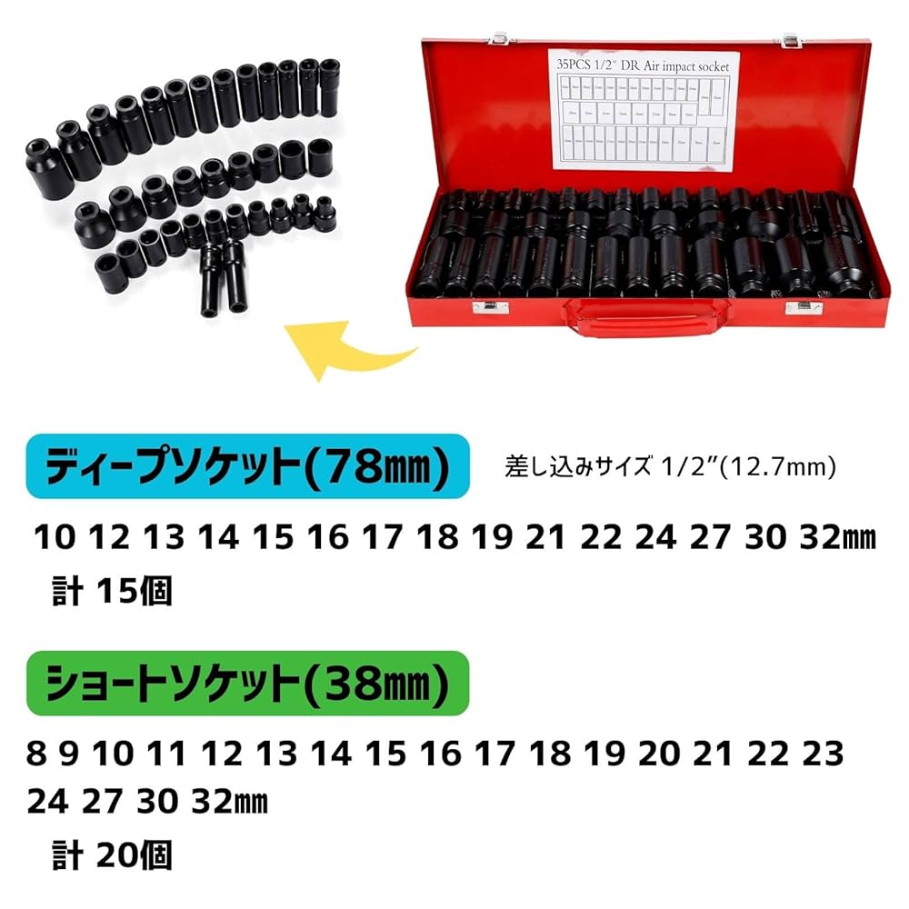 Amazon | インパクトレンチソケットセット 35個 1/2 12.7mm 六角
